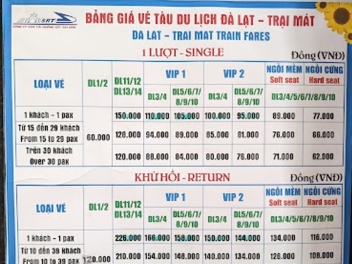 Ticket price of train route Dalat - Trai Mat